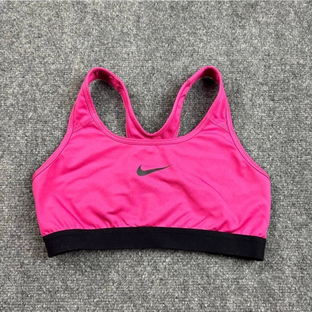 NIKE Women’s Pink/Black Dri-Fit Racerback Swoosh Sportsbra size: Medium